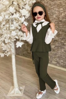 Kids - Girl's Lace Collar Vest Khaki Bottom Top Set 100326981 - Turkey