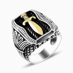 Stoneless Rings - Sword Patterned Silver Ring 100346792 - Turkey