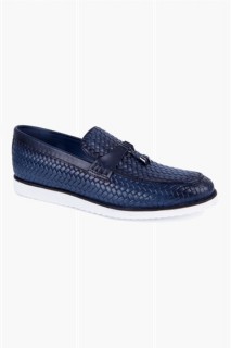 Shoes - Men's Navy Blue Casual Tassel Patterned Leather Shoes 100350572 - Turkey