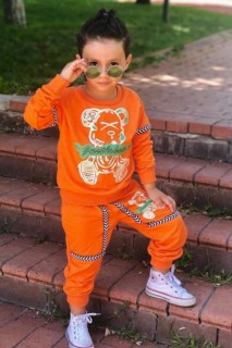 Boys Teddy Bear Printed Stripe Detailed Crew Neck Orange Tracksuit Suit 100344694