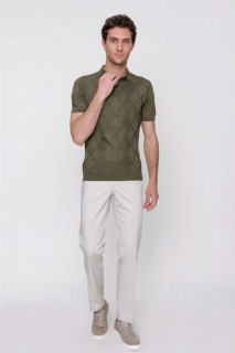 Men's Khaki Lozenge Pattern Dynamic Fit Comfortable Fit Polo Neck Short Sleeve Knitwear T-Shirt 100350824