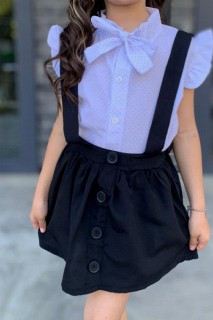 Girl's Front Button Detailed Polka Dot 3-piece Black Loaflet Skirt Suit 100328458