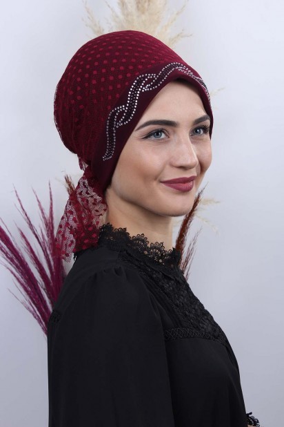 Woman Bonnet & Hijab - تول بولكا دوت ليف بونيه كلاريت الأحمر - Turkey