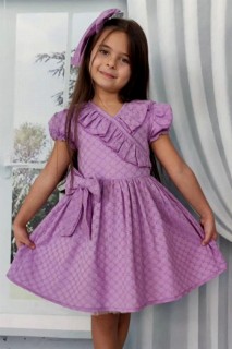 Girl Clothing - Girl's V Neck Ruffled Lace Embroidered Skirt and Fluffy Tulle Lilac Dress 100327372 - Turkey