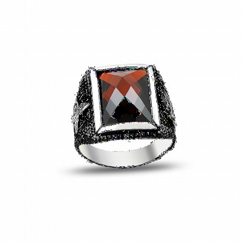 Black Background Red Square Zircon Stone Sterling Silver Men's Ring 100349298