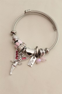 Pink Zircon Stone Heart Detailed Fairy Model Charm Bracelet 100326588
