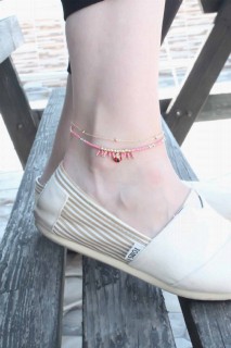 Ladybug Detailed Pink Beaded Anklet 100327524
