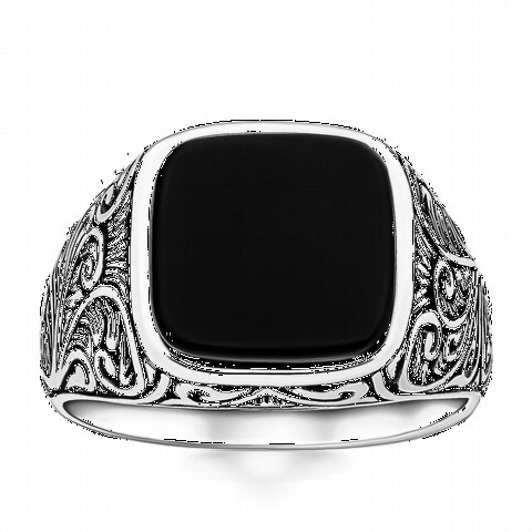 Pen Embroidered Black Onyx Stone Silver Ring 100349150