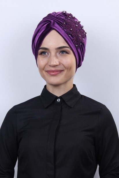 Woman Bonnet & Turban - Samt-Guipure-Vera-Mütze Lila - Turkey