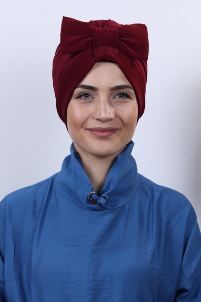 Woman Bonnet & Turban - Bowtied Double-Sided Bonnet Claret Red 100285279 - Turkey