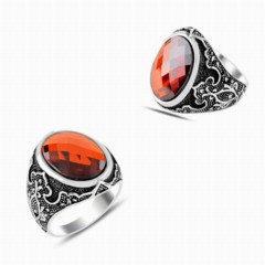 Zircon Stone Rings - Ottoman Patterned Silver Ring With Red Cut Stone 100347861 - Turkey