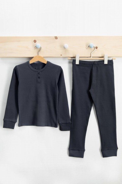 Boy Clothing - Boys Long Sleeve Button Detailed Ribbed Smoked Pajamas Set 100327015 - Turkey