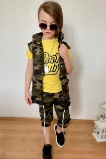 Boy's Back Chain Detailed Front Snap Button and Hooded Camouflage-Yellow Tracksuit 100327284