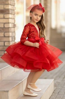 Evening Dress - Girls' Half Sleeve Skirt Fluffy Tulle Pulpette Red Evening Dress 100328472 - Turkey