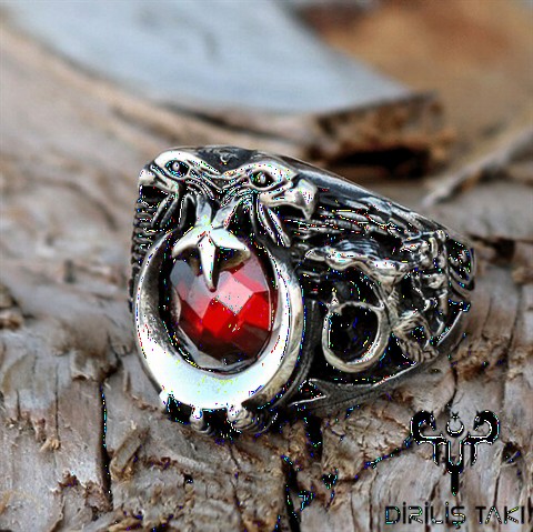 Animal Rings - Double Headed Eagle Motif Moon Star Model Sterling Silver Men's Ring 100348756 - Turkey