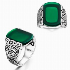 Silver Rings 925 - Green Agate Stone Motif Sterling Silver Ring 100346382 - Turkey