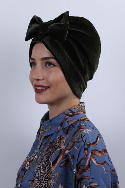 Woman Bonnet & Turban - مخمل پاپیون استخوان خاکی سبز - Turkey