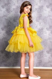 Girl's Fluffy Waist Sequin Striped Bow Yellow Evening Dress 100326828