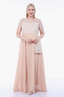 Long evening dress - Plus Size Top Silvery Square Detail Long Evening Dress Ecru 100276325 - Turkey