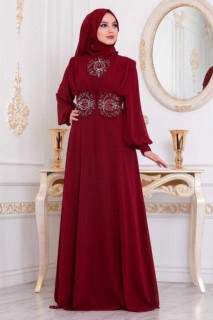 Wedding & Evening - Clared Red Hijab Evening Dress 100335279 - Turkey