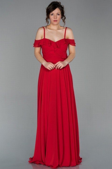 Woman Clothing - Abendkleid Chiffon-Abendkleid mit langem Kragen und Rüschenträgern 100296646 - Turkey