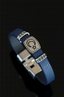 Bracelet - Metal Moon Star AtatÃ¼rk Silhouette Navy Blue Leather Men's Bracelet 100327891 - Turkey