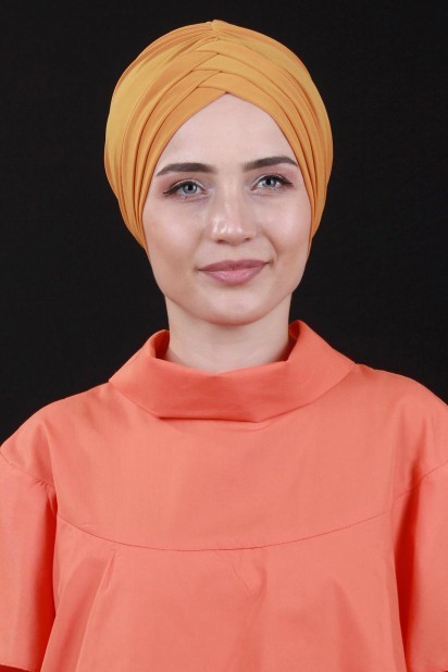 Woman Bonnet & Hijab - بونيه خردل أصفر على الوجهين بثلاثة خطوط - Turkey