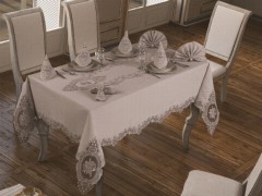 Table Cover Set - French Guipure Elite Table Cloth Set 18 Pieces Gray 100259635 - Turkey