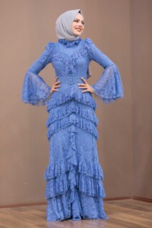 Woman Clothing - فستان سهرة حجاب أزرق نيلي 100335788 - Turkey
