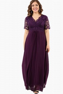 Long evening dress - Guipure Chiffon Plus Size Evening Dress PURPLE 100276252 - Turkey