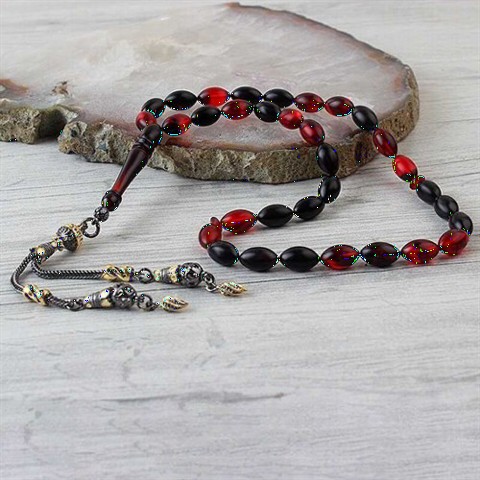 Red Black Color Transition Tasseled Edging Coated Spinning Amber Rosary 100349517