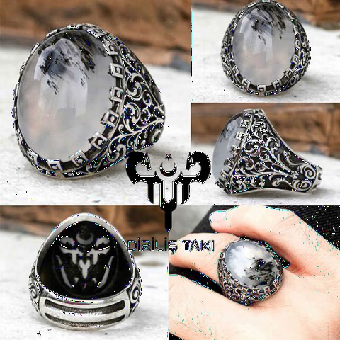 Agate Stone Rings - Special Handmade Embroidered Yemen Agate Stone Sterling Silver Men's Ring 100348725 - Turkey