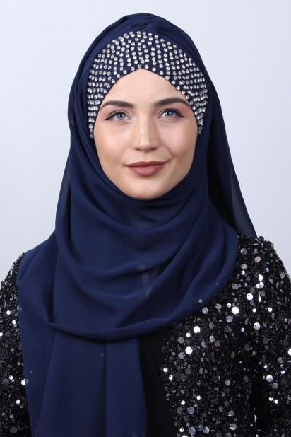 Ready to wear Hijab-Shawl - شال بتصميم ستون بونيلي أزرق داكن - Turkey