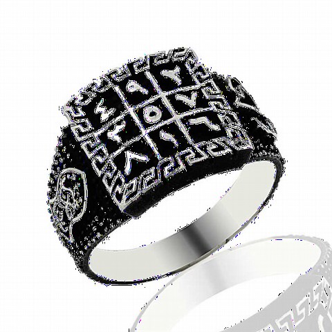 mix - Special Black Background Ebced Calculus Patterned Silver Men's Ring 100348710 - Turkey
