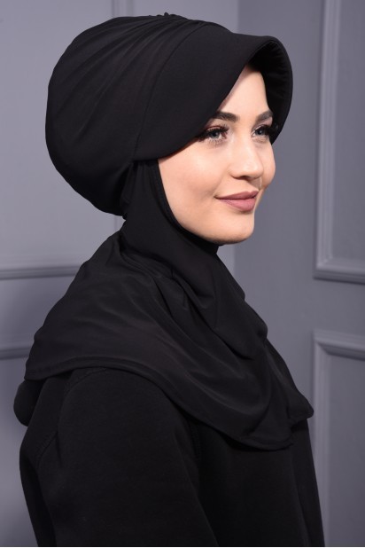 Woman Bonnet & Hijab - وشاح قبعة رياضية أسود - Turkey