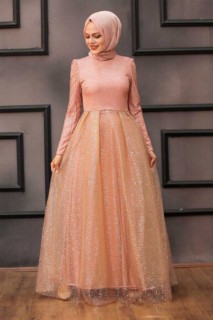 Salmon Pink Hijab Evening Dress 100299285