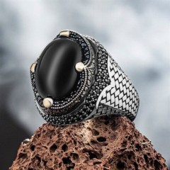 Zircon Stone Rings - Black Agate Silver Ring With Zircon Stone Around 100346346 - Turkey