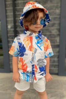 Boy's Half Sleeve Leaf Patterned Hat and White Shorts Suit 100328526