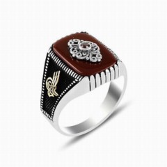 Solitaire On Agate Stone Sides Ottoman Tugra Motif Silver Ring 100347841