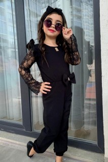 Girl Clothing - افرول بناتي أسود مزين بفيونكة شفافة ومفصلة من الدانتيل 100328383 - Turkey