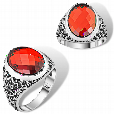 Flower Pattern Cut Sterling Silver Ring With Red Zircon Stone 100350363