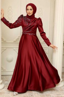 Woman - Claret Red Hijab Evening Dress 100341603 - Turkey