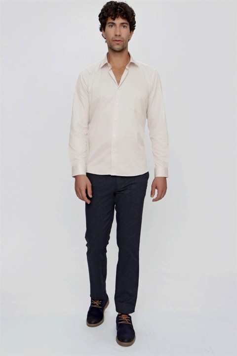 Men's Cream Jacquard Pocket Regular Fit Wide Cut Shirt with Pockets 100351050