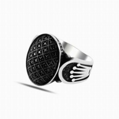 Oval Black Micro Stone King Crown Motif Sterling Silver Ring 100347883