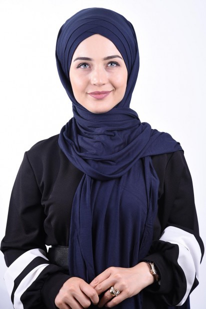 Woman Bonnet & Hijab - 3-Streifen-Schal aus gekämmter Baumwolle, Marineblau - Turkey