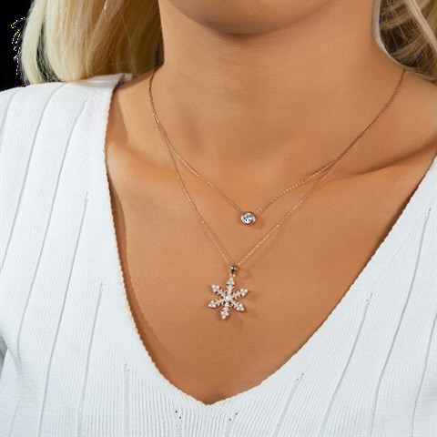 Necklaces - Opal Stone Snowflake Zircon Detailed Silver Necklace Rose 100350097 - Turkey