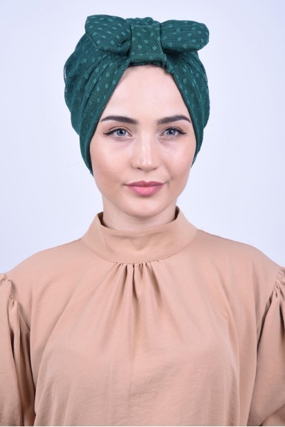 Woman Bonnet & Hijab - القوس الدانتيل بونيه الزمرد الأخضر - Turkey