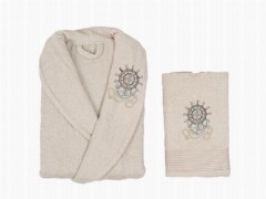 Set Robe - Scar Embroidered 100% Cotton Single Bathrobe Set Cappucino 100329401 - Turkey