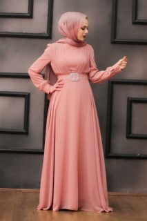 Woman - Powder Pink Hijab Evening Dress 100338109 - Turkey