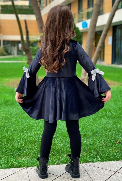 Girl's Ribbon Detailed Black Velvet Dress 100326638